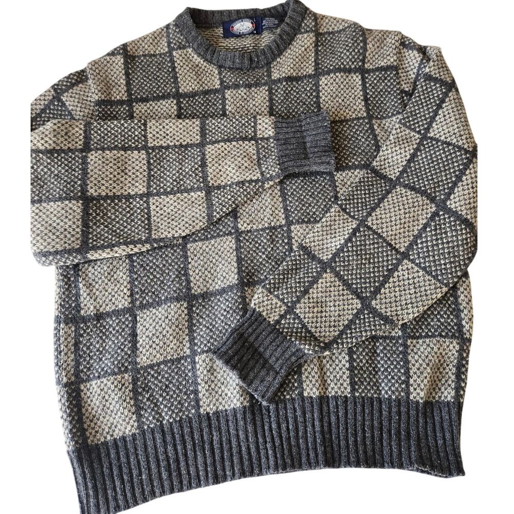 Vintage Knightsbridge Crewneck Wool Sweater Large Checkered Made In Scotland